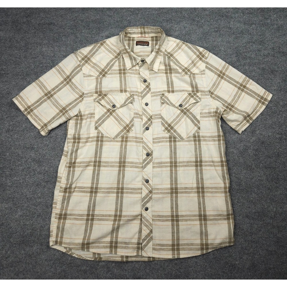 Patagonia Western Snap Shirt Mens Medium Beige Plaid Short Sleeve 53340